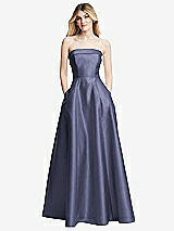Front View Thumbnail - French Blue Strapless Bias Cuff Bodice Satin Gown with Pockets
