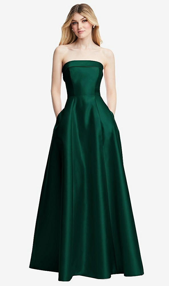 Front View - Hunter Green Strapless Bias Cuff Bodice Satin Gown with Pockets
