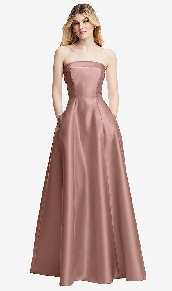 Front View - Neu Nude Strapless Bias Cuff Bodice Satin Gown with Pockets