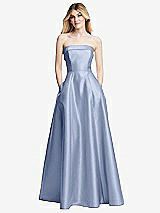 Front View Thumbnail - Sky Blue Strapless Bias Cuff Bodice Satin Gown with Pockets