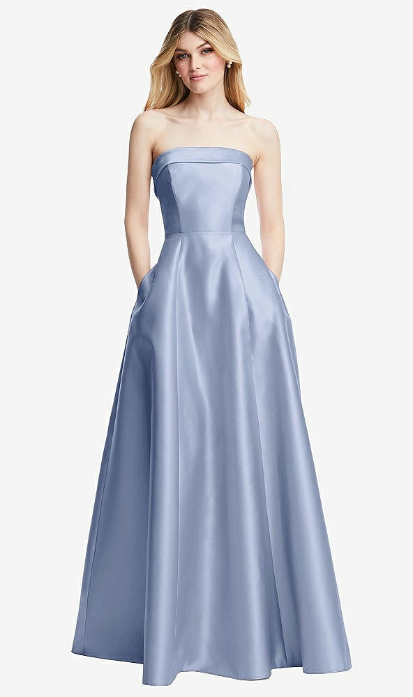 Front View - Sky Blue Strapless Bias Cuff Bodice Satin Gown with Pockets