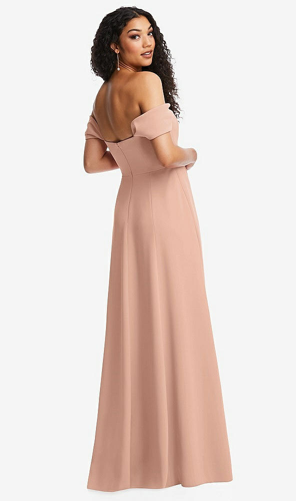 Back View - Pale Peach Off-the-Shoulder Pleated Cap Sleeve A-line Maxi Dress