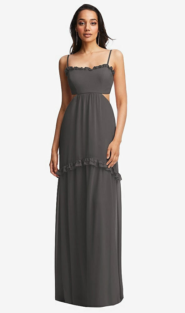 Front View - Caviar Gray Ruffle-Trimmed Cutout Tie-Back Maxi Dress with Tiered Skirt