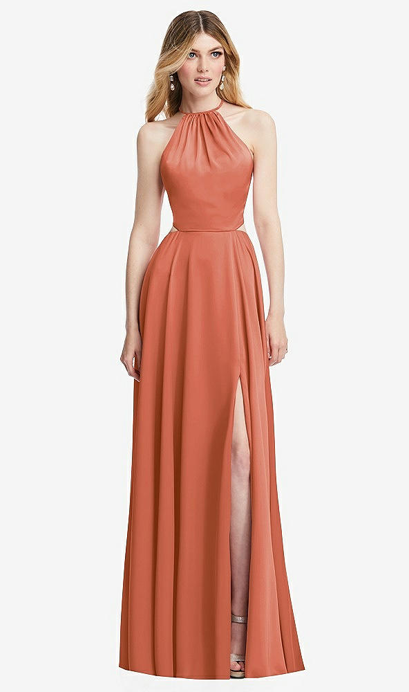 Front View - Terracotta Copper Halter Cross-Strap Gathered Tie-Back Cutout Maxi Dress