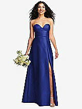 Front View Thumbnail - Cobalt Blue Strapless Bustier A-Line Satin Gown with Front Slit