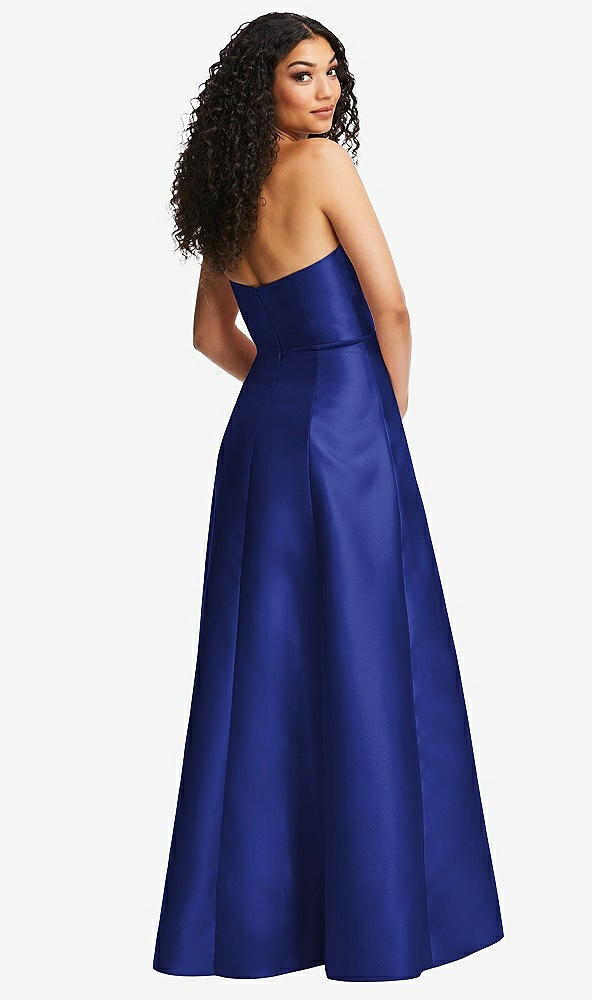 Back View - Cobalt Blue Strapless Bustier A-Line Satin Gown with Front Slit