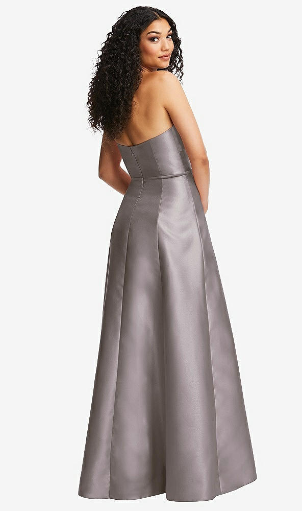 Back View - Cashmere Gray Strapless Bustier A-Line Satin Gown with Front Slit