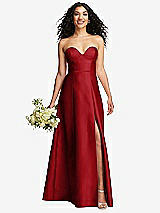 Front View Thumbnail - Garnet Strapless Bustier A-Line Satin Gown with Front Slit