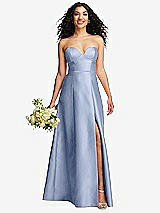 Front View Thumbnail - Sky Blue Strapless Bustier A-Line Satin Gown with Front Slit