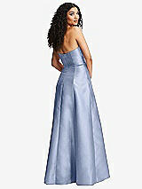 Rear View Thumbnail - Sky Blue Strapless Bustier A-Line Satin Gown with Front Slit