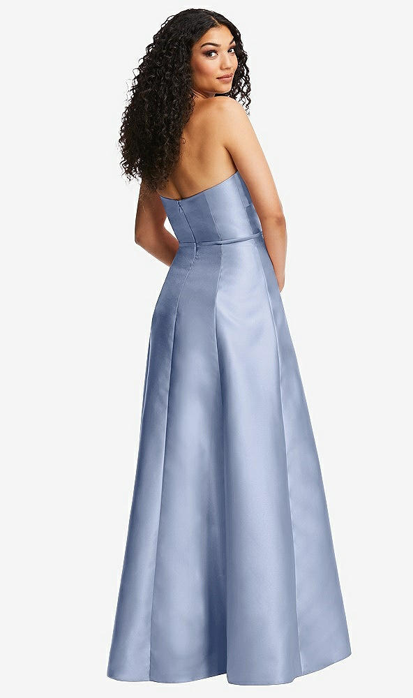 Back View - Sky Blue Strapless Bustier A-Line Satin Gown with Front Slit