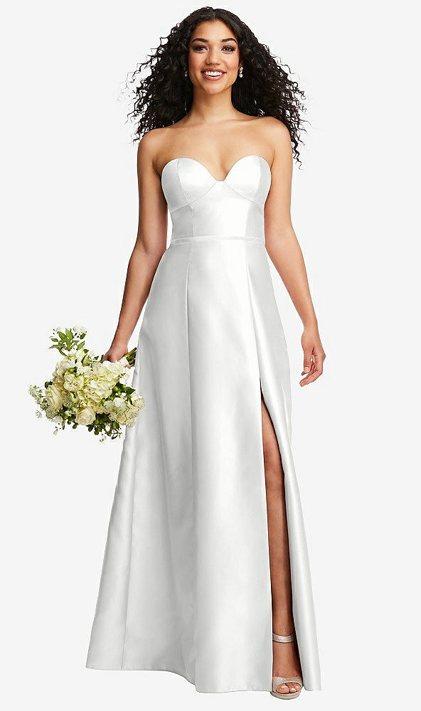 Front View - White Strapless Bustier A-Line Satin Gown with Front Slit