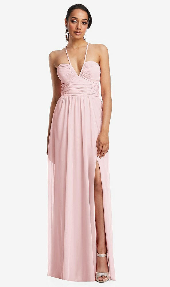 Front View - Ballet Pink Plunging V-Neck Criss Cross Strap Back Maxi Dress