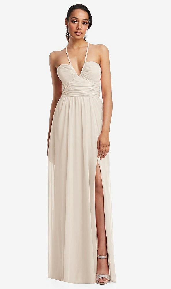 Front View - Oat Plunging V-Neck Criss Cross Strap Back Maxi Dress