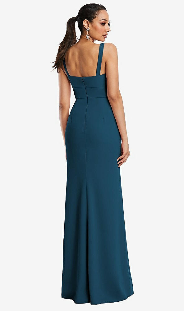 Back View - Atlantic Blue Cowl-Neck Wide Strap Crepe Trumpet Gown with Front Slit