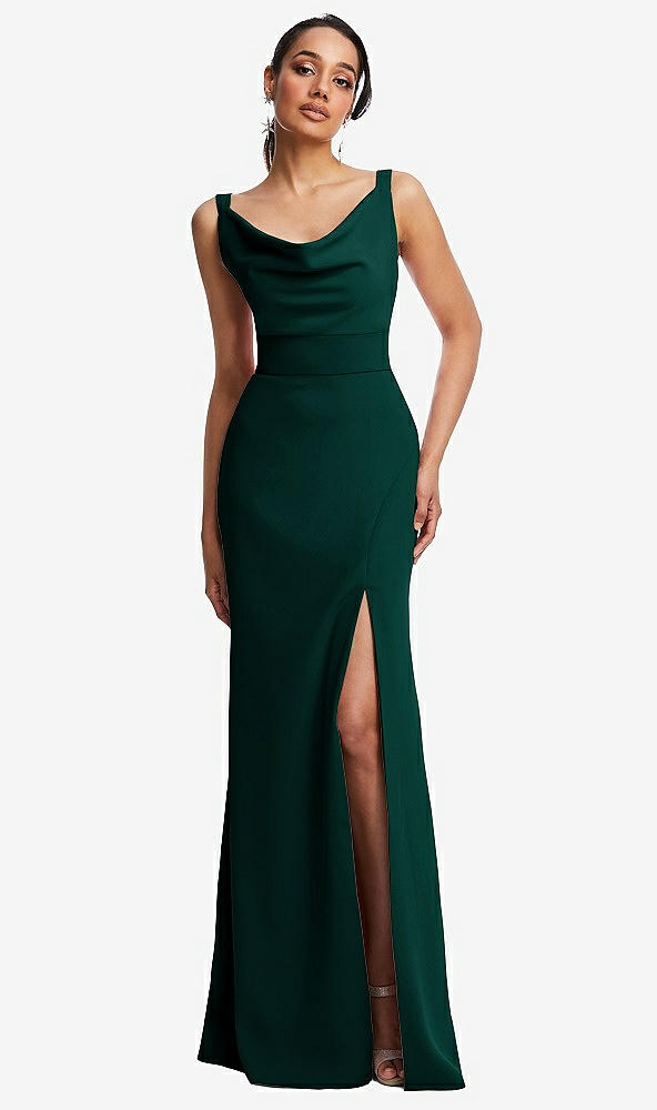 Front View - Evergreen Cowl-Neck Wide Strap Crepe Trumpet Gown with Front Slit