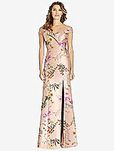 Front View Thumbnail - Butterfly Botanica Pink Sand Off-the-Shoulder Cuff Floral Trumpet Gown with Front Slit