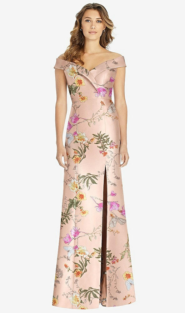 Front View - Butterfly Botanica Pink Sand Off-the-Shoulder Cuff Floral Trumpet Gown with Front Slit