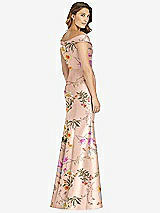 Rear View Thumbnail - Butterfly Botanica Pink Sand Off-the-Shoulder Cuff Floral Trumpet Gown with Front Slit