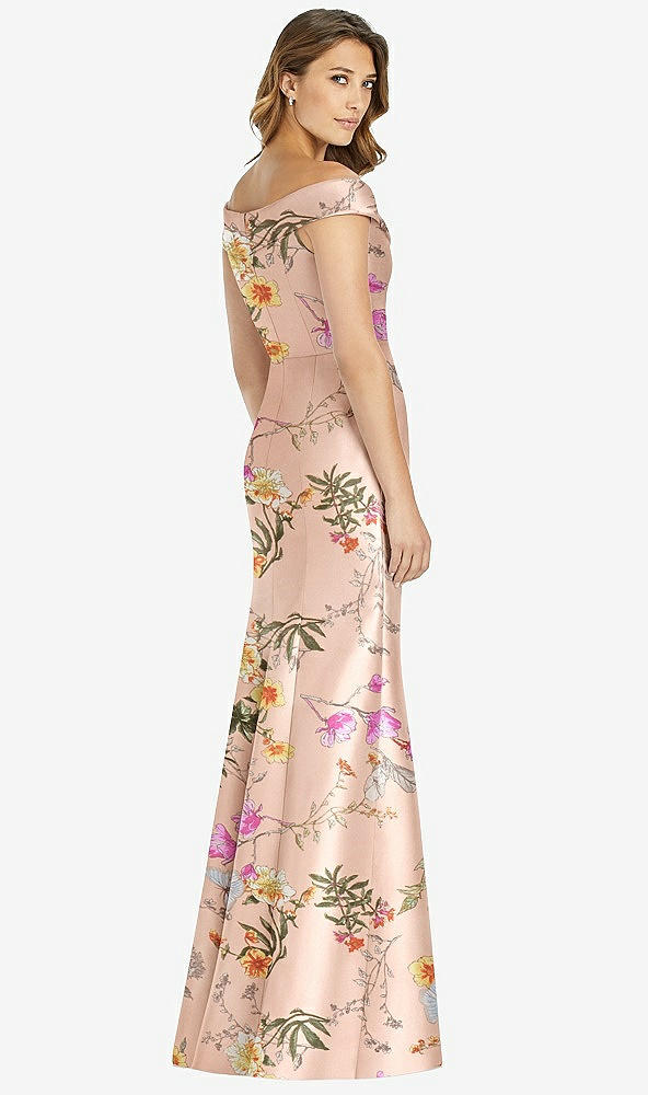 Back View - Butterfly Botanica Pink Sand Off-the-Shoulder Cuff Floral Trumpet Gown with Front Slit