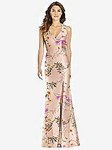 Front View Thumbnail - Butterfly Botanica Pink Sand V-Neck Halter Floral Satin Trumpet Gown with Front Slit