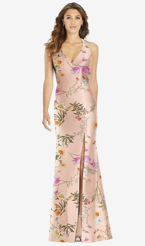 Front View - Butterfly Botanica Pink Sand V-Neck Halter Floral Satin Trumpet Gown with Front Slit