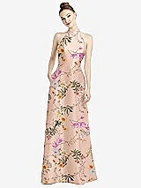 Front View Thumbnail - Butterfly Botanica Pink Sand High-Neck Cutout Floral Satin Dress with Pockets