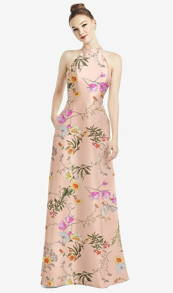 Front View - Butterfly Botanica Pink Sand High-Neck Cutout Floral Satin Dress with Pockets