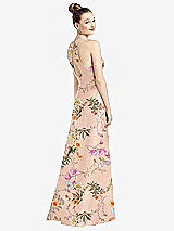 Rear View Thumbnail - Butterfly Botanica Pink Sand High-Neck Cutout Floral Satin Dress with Pockets