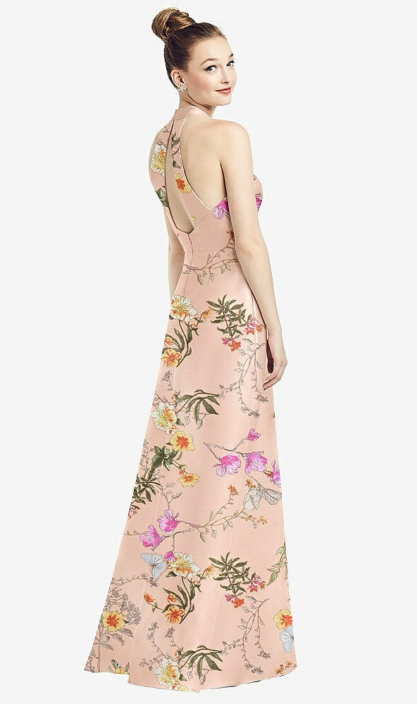 Back View - Butterfly Botanica Pink Sand High-Neck Cutout Floral Satin Dress with Pockets