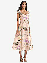 Front View Thumbnail - Butterfly Botanica Pink Sand Puff Cap Sleeve Full Skirt Floral Satin Midi Dress