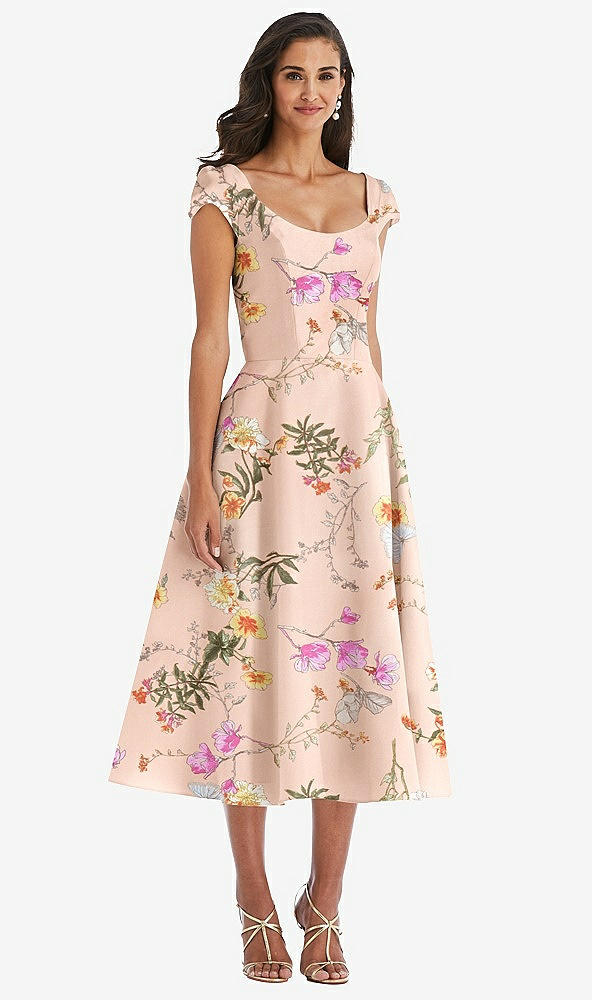Front View - Butterfly Botanica Pink Sand Puff Cap Sleeve Full Skirt Floral Satin Midi Dress