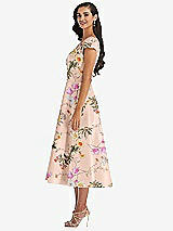 Side View Thumbnail - Butterfly Botanica Pink Sand Puff Cap Sleeve Full Skirt Floral Satin Midi Dress
