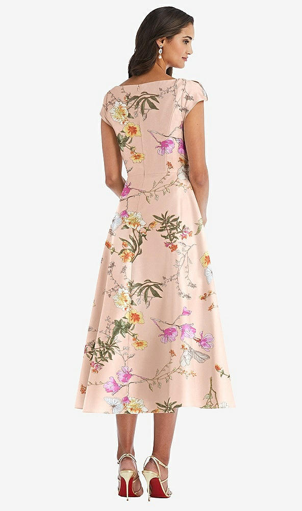 Back View - Butterfly Botanica Pink Sand Puff Cap Sleeve Full Skirt Floral Satin Midi Dress
