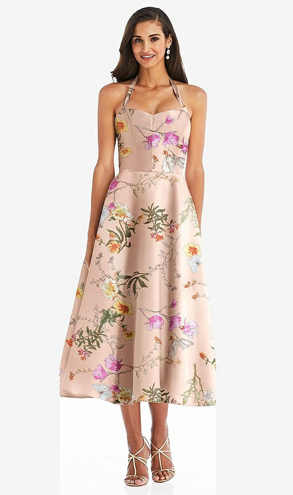 Front View - Butterfly Botanica Pink Sand Tie-Neck Halter Full Skirt Floral Satin Midi Dress
