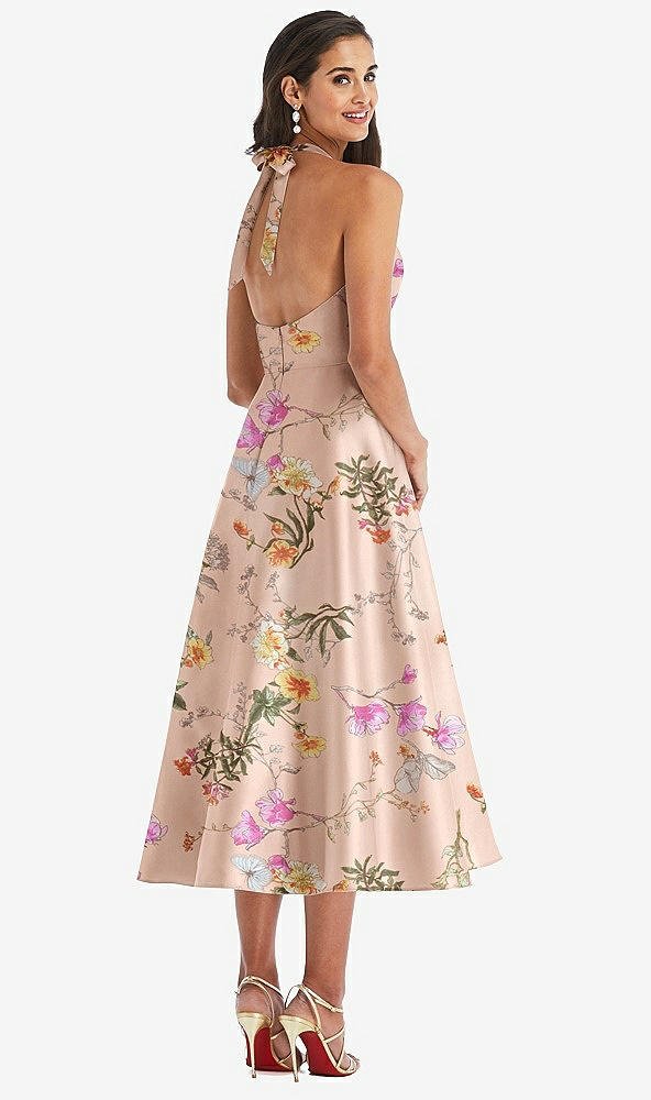 Back View - Butterfly Botanica Pink Sand Tie-Neck Halter Full Skirt Floral Satin Midi Dress