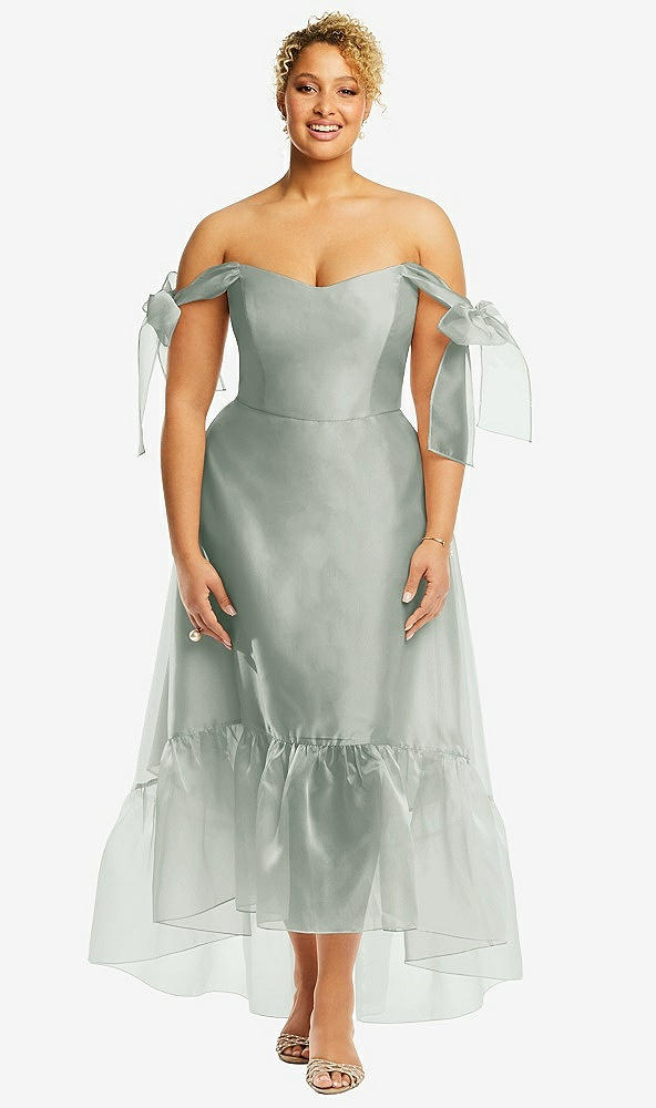 Front View - Willow Green Convertible Deep Ruffle Hem High Low Organdy Dress with Scarf-Tie Straps