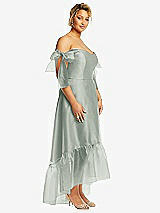 Side View Thumbnail - Willow Green Convertible Deep Ruffle Hem High Low Organdy Dress with Scarf-Tie Straps