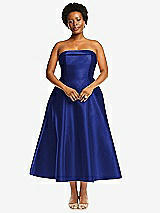 Alt View 1 Thumbnail - Cobalt Blue Cuffed Strapless Satin Twill Midi Dress with Full Skirt and Pockets