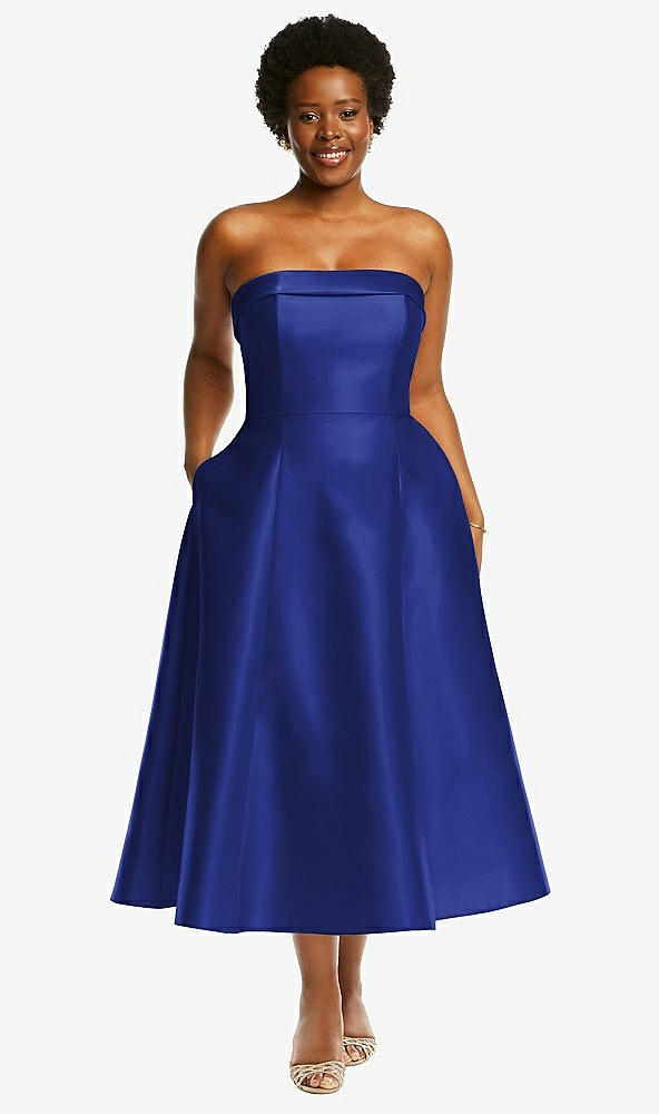 Front View - Cobalt Blue Cuffed Strapless Satin Twill Midi Dress with Full Skirt and Pockets