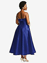 Rear View Thumbnail - Cobalt Blue Cuffed Strapless Satin Twill Midi Dress with Full Skirt and Pockets