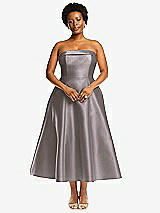Alt View 1 Thumbnail - Cashmere Gray Cuffed Strapless Satin Twill Midi Dress with Full Skirt and Pockets