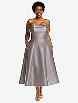 Front View Thumbnail - Cashmere Gray Cuffed Strapless Satin Twill Midi Dress with Full Skirt and Pockets