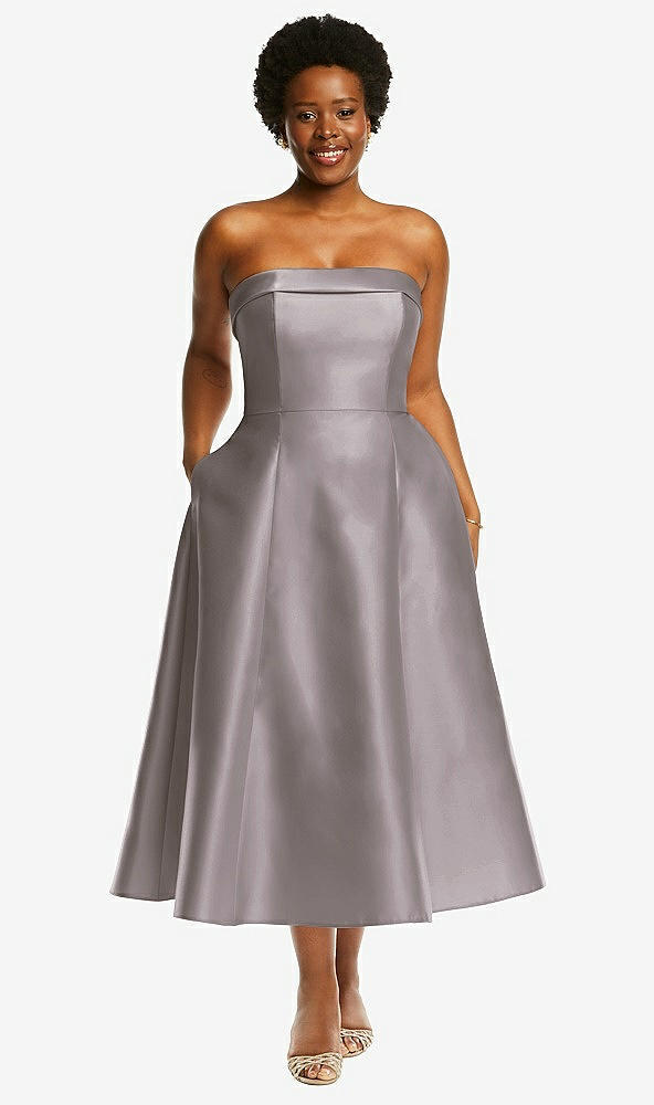 Front View - Cashmere Gray Cuffed Strapless Satin Twill Midi Dress with Full Skirt and Pockets