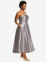 Side View Thumbnail - Cashmere Gray Cuffed Strapless Satin Twill Midi Dress with Full Skirt and Pockets