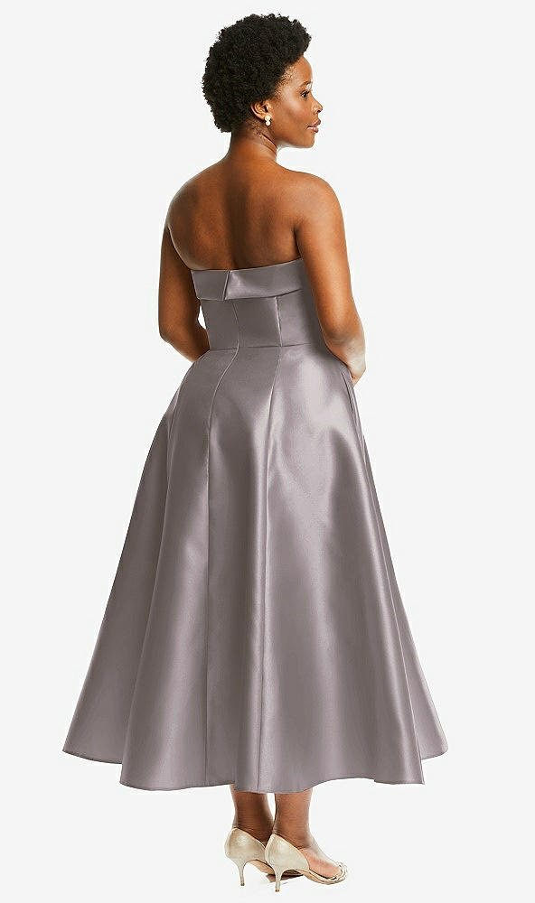 Back View - Cashmere Gray Cuffed Strapless Satin Twill Midi Dress with Full Skirt and Pockets