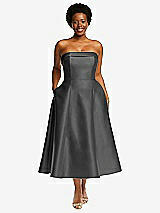 Front View Thumbnail - Gunmetal Cuffed Strapless Satin Twill Midi Dress with Full Skirt and Pockets
