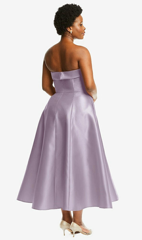 Back View - Lilac Haze Cuffed Strapless Satin Twill Midi Dress with Full Skirt and Pockets