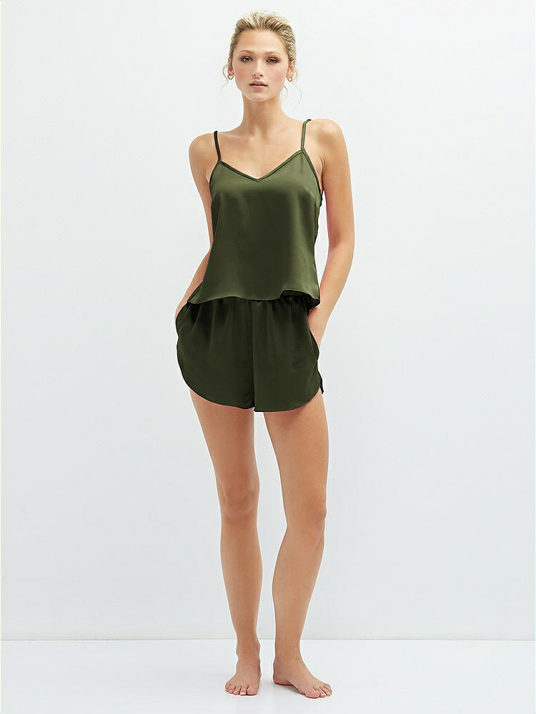 Front View - Olive Green Whisper Satin Lounge Shorts with Pockets
