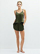 Front View Thumbnail - Olive Green Whisper Satin Lounge Shorts with Pockets